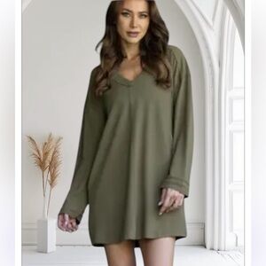 Boutique khaki green waffle knit v neck dress